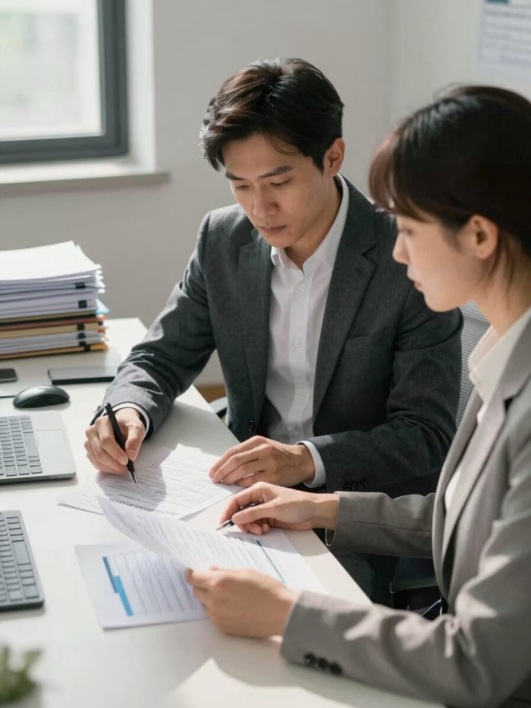 Wide shot of an advisor and client seated side-by-side at a desk, reviewing printed financial statements under north-facing daylight, organized files visible on the left, calm office environment