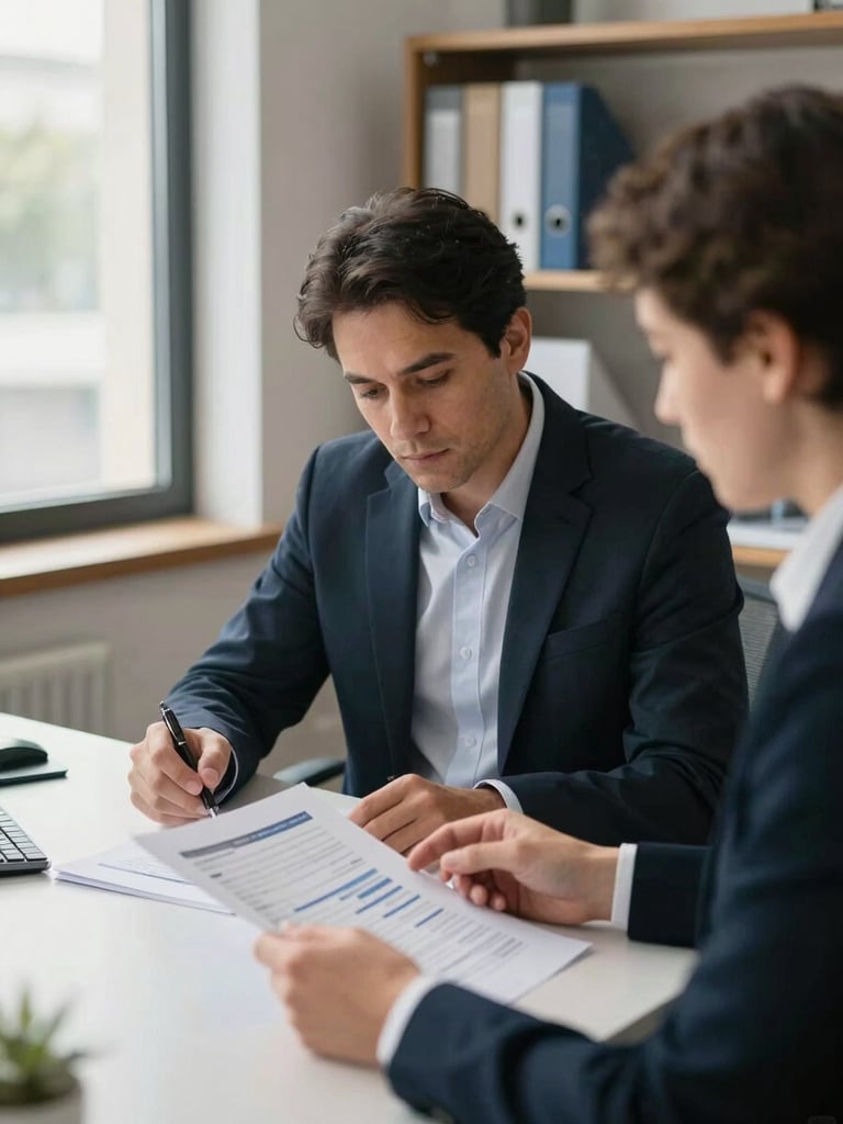 Medium shot from the side, advisor and client seated at a desk reviewing printed financial documents together, natural north-facing daylight from a window to the left, organized office shelves visible in the background, no faces in close-up, documentary framing