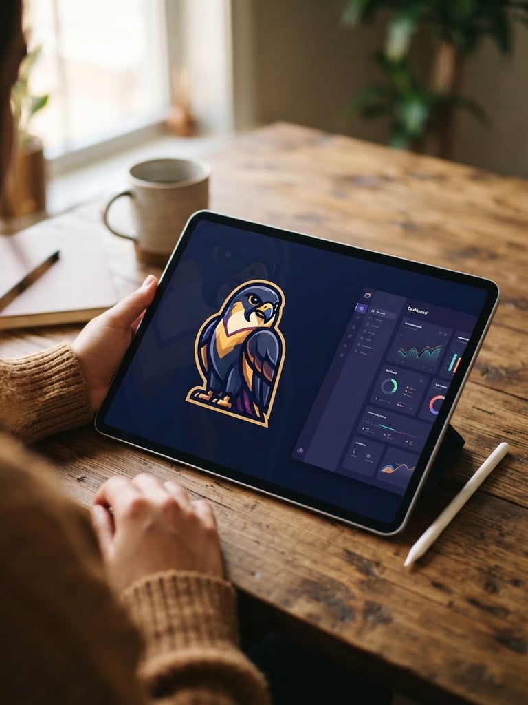 Warm editorial photograph of a friendly vector-drawn falcon mascot graphic displayed on a tablet screen next to clean tech-platform UI mockup elements, soft natural window light, rich saturated navy and purple tones, shallow depth of field, 35mm