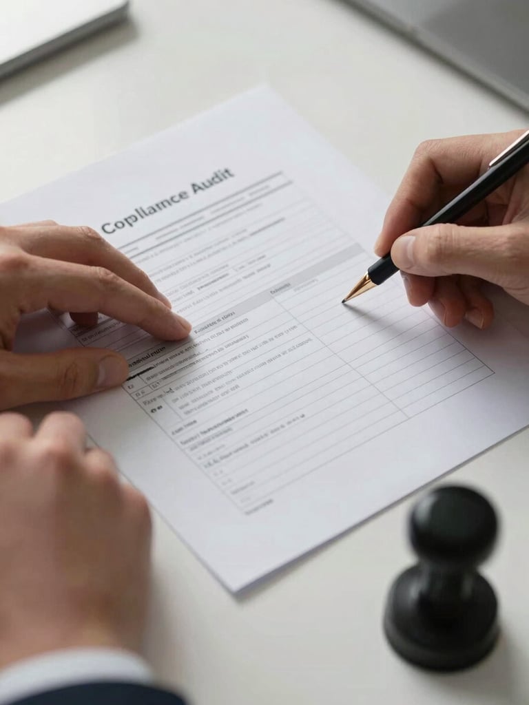 Close-up overhead shot of compliance audit documents spread across a clean desk, hands in frame reviewing a regulatory checklist, a certification stamp visible in the lower right corner, controlled indoor office lighting from above, crisp shadows, no warm tones