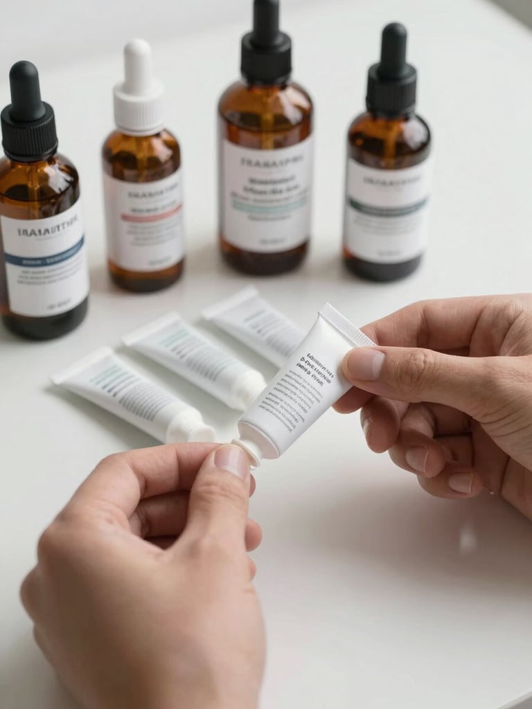 Close-up of product samples — cosmetic tubes and labeled bottles — arranged on a flat surface under controlled studio lighting, hands in frame inspecting a label, white background, clinical and precise