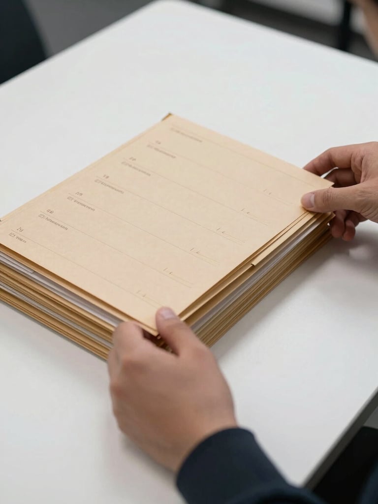 Hands carefully arranging a set of labeled regulatory folders on a clean white table under controlled studio lighting — document tabs visible, organized by category, no people's faces shown