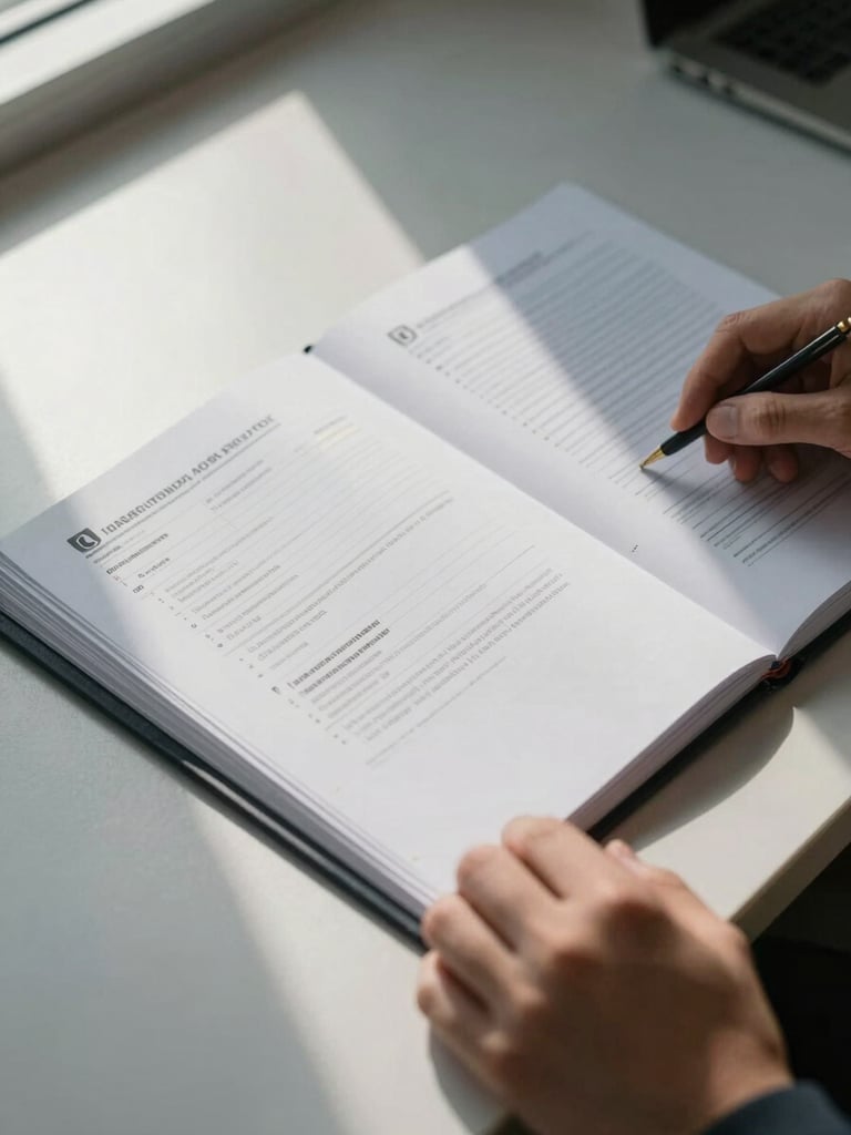 Close-up overhead shot of an open regulatory binder on a clean desk, stamped approval documents visible under north-facing window light, a hand resting at the edge of the frame mid-review, cool controlled indoor lighting, no warm tones