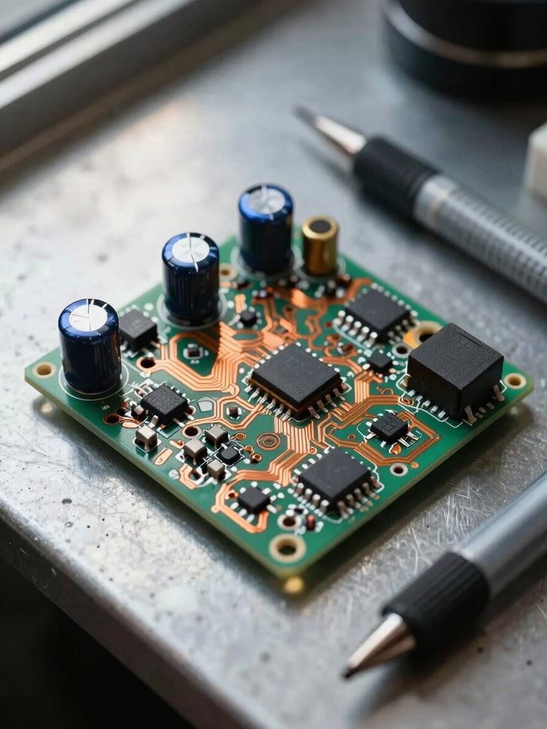 Overhead close-up of a partially assembled PCB on a metal bench, copper traces visible, two ceramic capacitors and a voltage regulator mid-soldering, solder wick and flux pen alongside, bright north-facing daylight from the left illuminating the board without glare