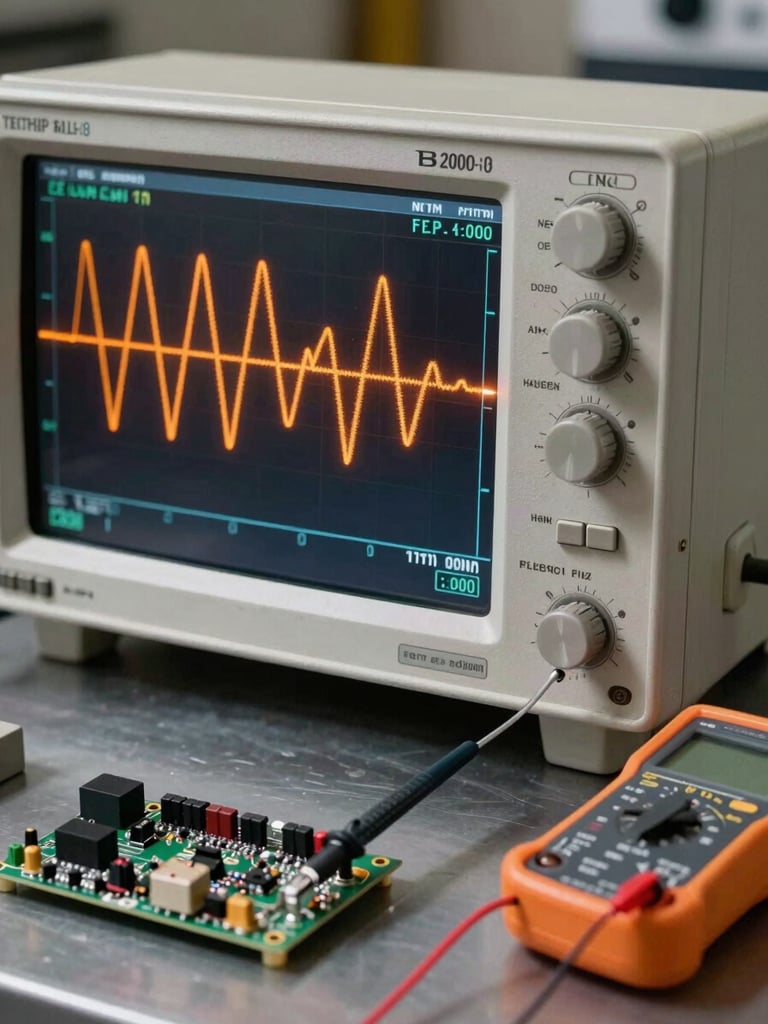 Tight frame from the left side of a bench oscilloscope screen, amber waveform traces on dark display, multimeter probes resting on a circuit board in the foreground, neutral tungsten workshop lighting casting soft shadows on a metal workbench surface