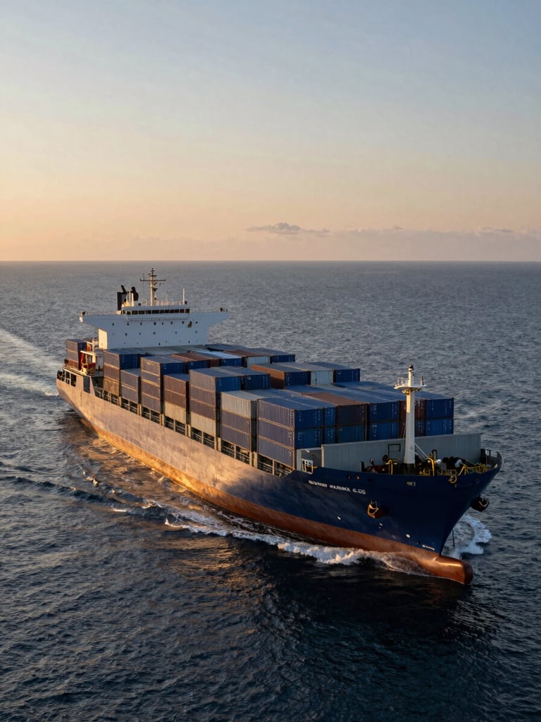 Wide golden hour shot of a modern cargo ship loaded with blue containers navigating calm deep ocean waters, expansive horizon, dramatic side-lighting.
