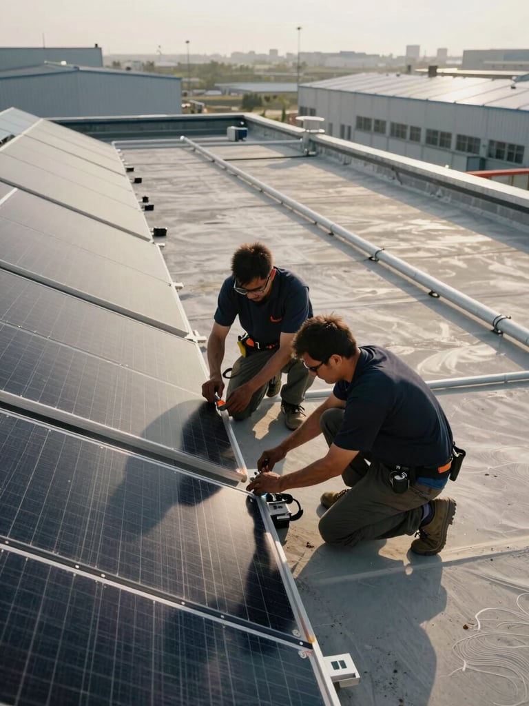 Close overhead view of an installation crew on a flat commercial rooftop, two workers kneeling to secure inverter mounting brackets to a completed row of panels, conduit runs visible across the rooftop surface, afternoon daylight, surrounding industrial rooftops visible at the horizon