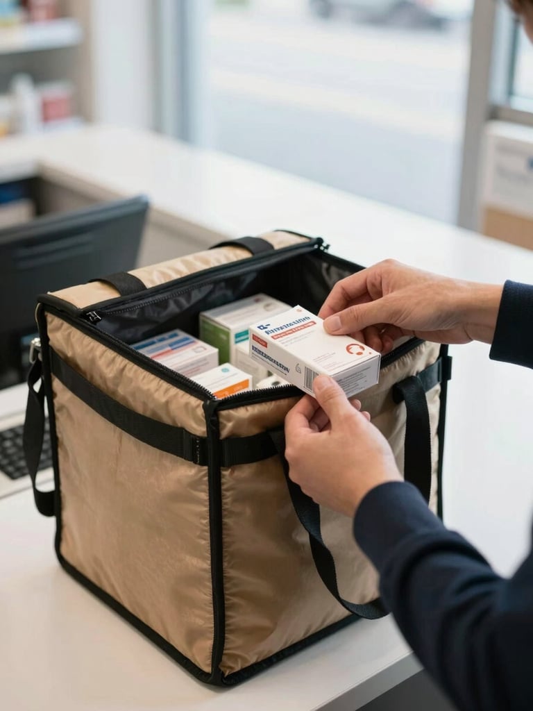 Close-up overhead shot of a delivery bag being handed off at a Tanger pharmacy counter, medicine boxes visible inside the bag, natural window light, clean white counter surface