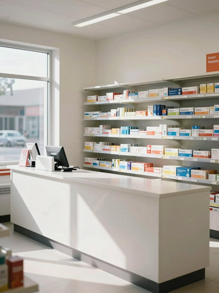 Wide interior shot of a Tanger pharmacy counter, medicine boxes neatly arranged on shelves behind the counter, natural daylight streaming through a side window, clean white surfaces, no staff faces visible, calm and orderly atmosphere