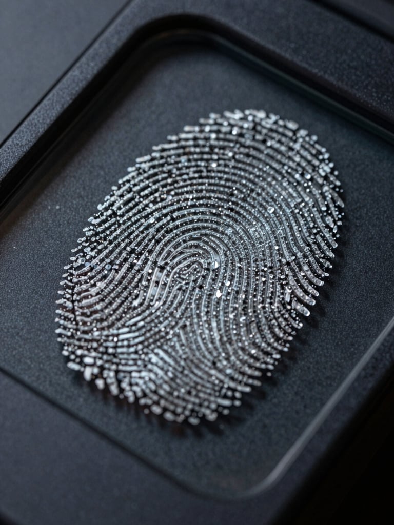 Extreme close-up of a biometric fingerprint sensor surface, cool studio light, sharp ridgeline detail visible in the sensor glass, dark charcoal background, no human hands visible — only the precision instrument itself