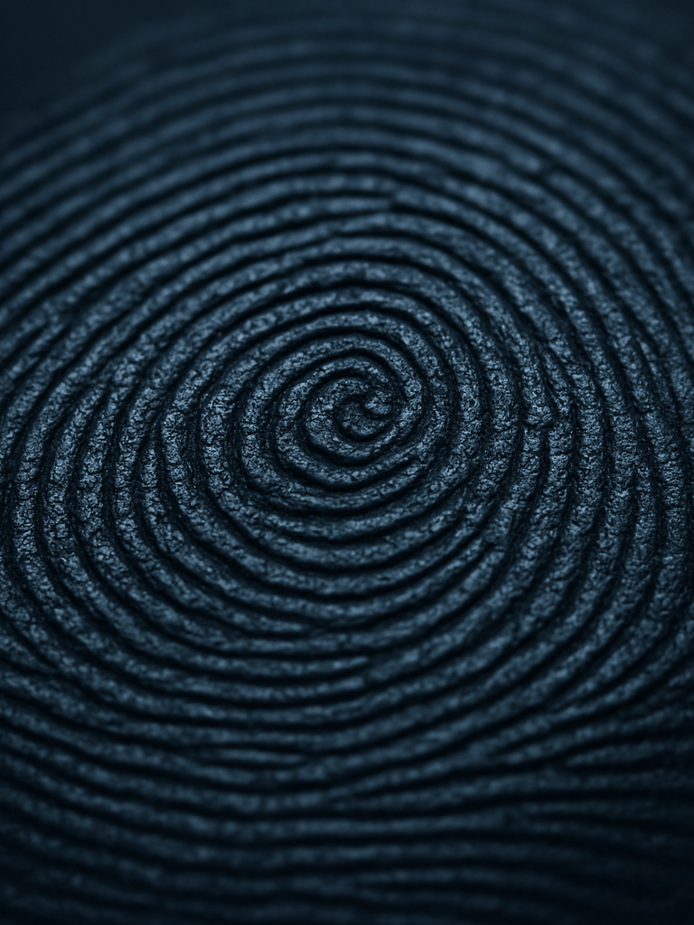 Extreme close-up of a fingerprint whorl under cool studio lighting, ridge detail rendered with forensic sharpness, dark neutral background, no human presence beyond the isolated print pattern
