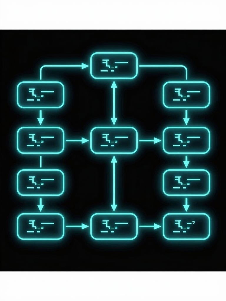 Symmetrical vector schematic of a state machine workflow, glowing neon cyan lines on pitch black background, clean code nodes, high-contrast, technical visualization