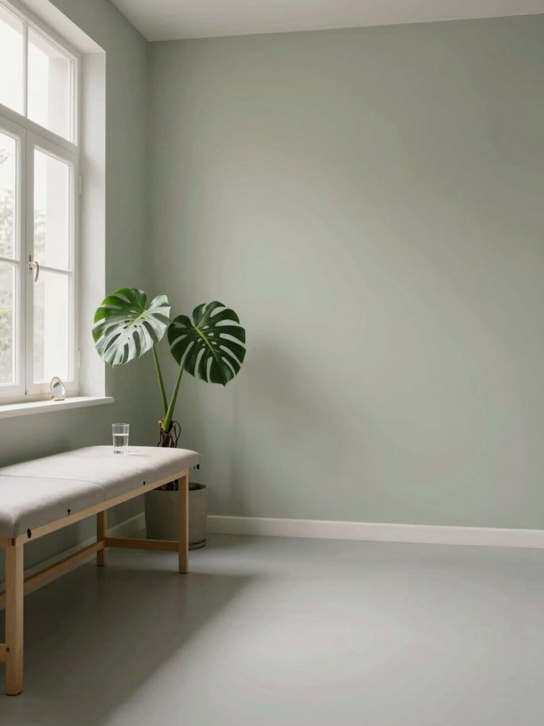 Wide environmental shot of an empty therapy room corner, a single monstera plant catching soft north-facing window light, pale sage walls, a low shelf with a few arranged objects — linen, a glass of water, a small mirror — generous negative space on the right, no people, still and spacious