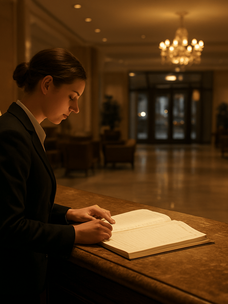 Wide shot of a hotel front desk from behind the counter, staff member in uniform reviewing a guest register under warm tungsten lighting, polished marble surface in the foreground, lobby visible beyond