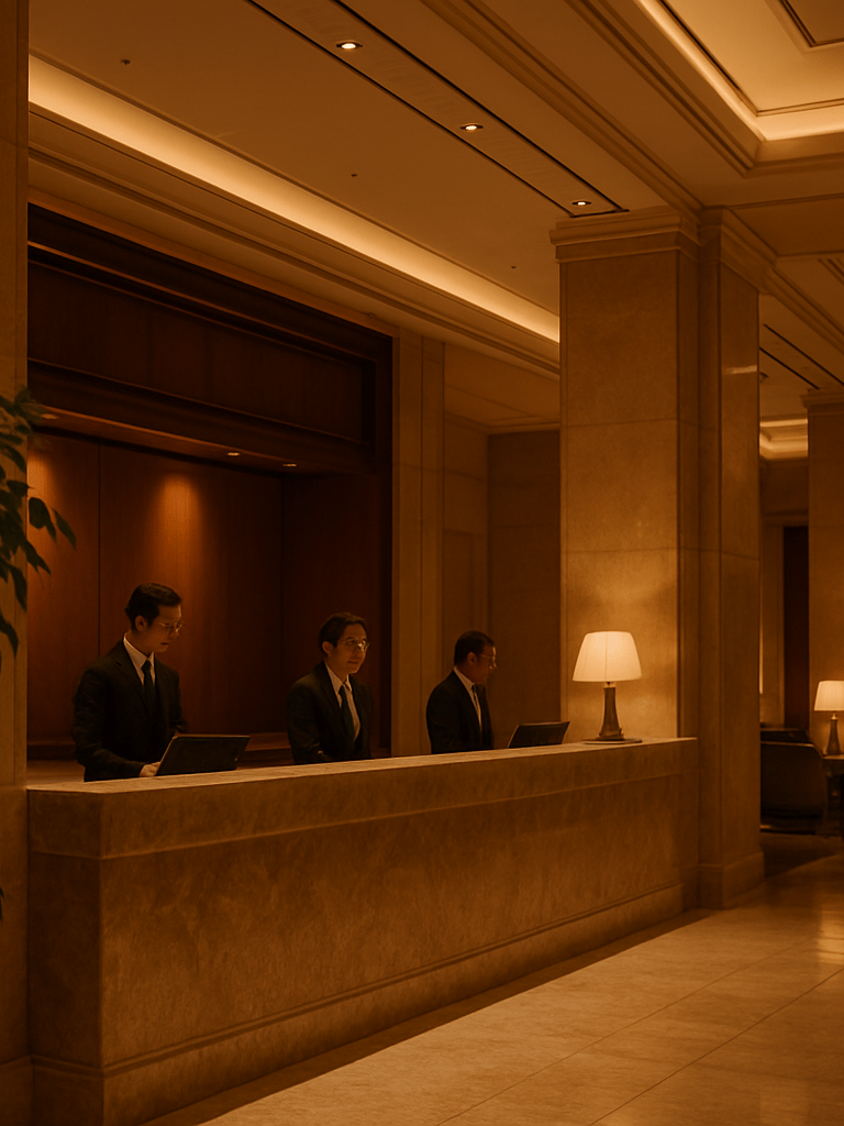 Wide hotel lobby interior, warm tungsten lighting, uniformed front-desk staff mid-service at a polished marble counter, potted greenery to the left edge, expansive ceiling height visible, professional calm atmosphere