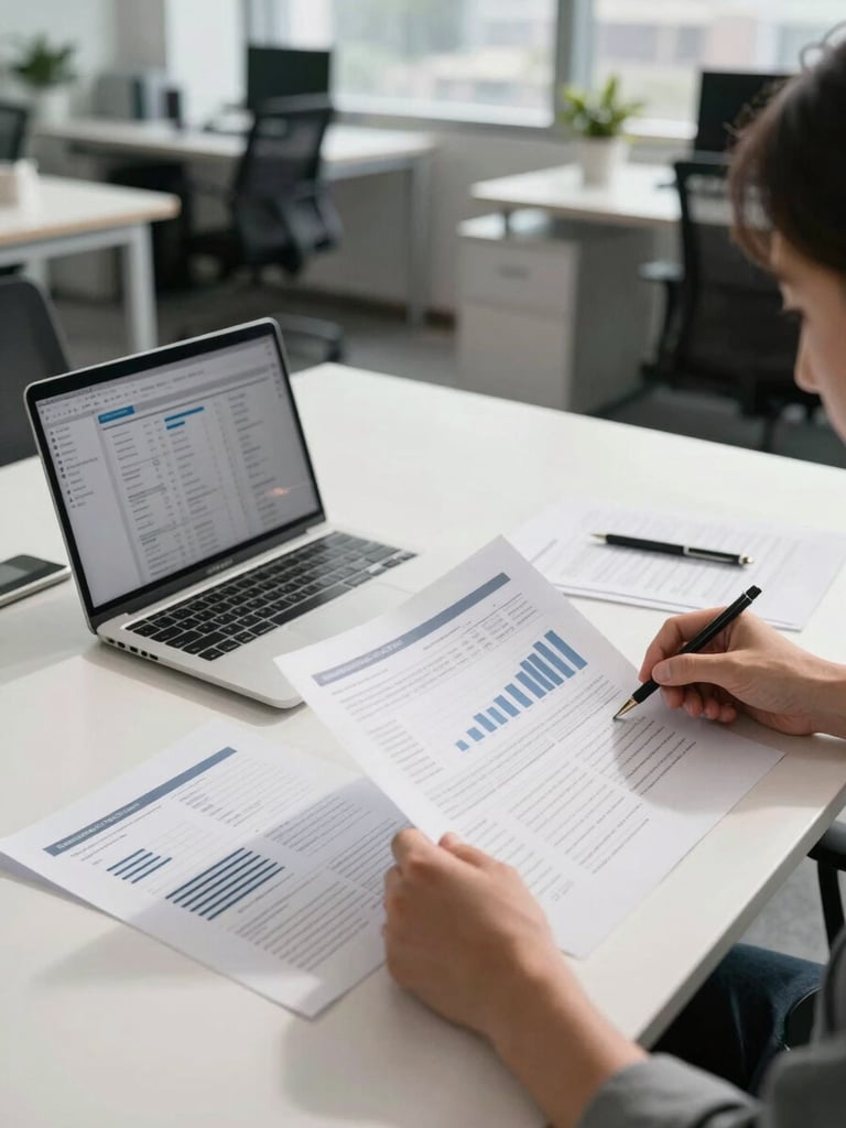 Wide-angle view of a modern office workspace, a professional reviewing printed strategic documents spread across a clean desk under natural daylight, laptop open to a data dashboard, neutral tones, no people facing camera