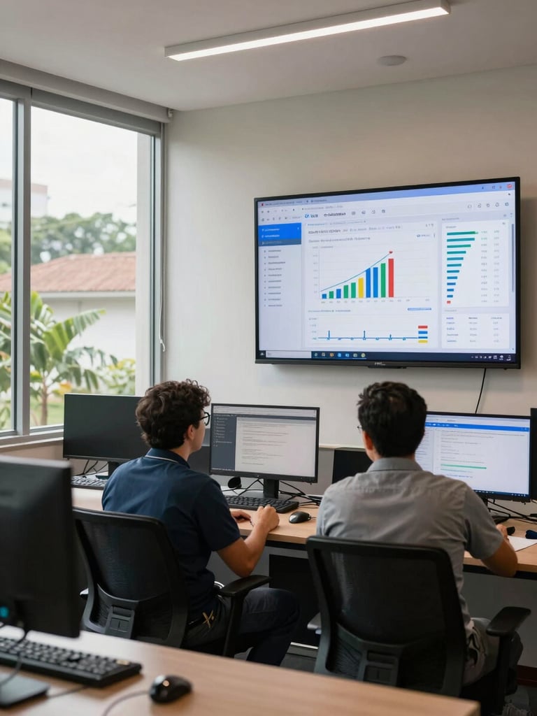Wide environmental shot of a Brazilian agency workspace, a large wall-mounted screen displaying a live Meta Ads campaign report with charts and ROAS figures, two team members mid-conversation in front of it, natural daylight from a floor-to-ceiling window on the left, desks and monitors visible in the background