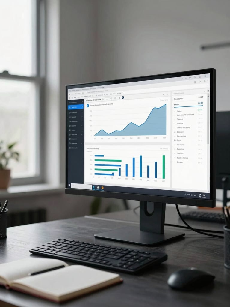 Wide-angle shot of a monitor on a dark desk displaying a live campaign analytics dashboard, natural daylight from a window to the left, data charts visible on screen, keyboard and notebook in foreground, minimal office environment