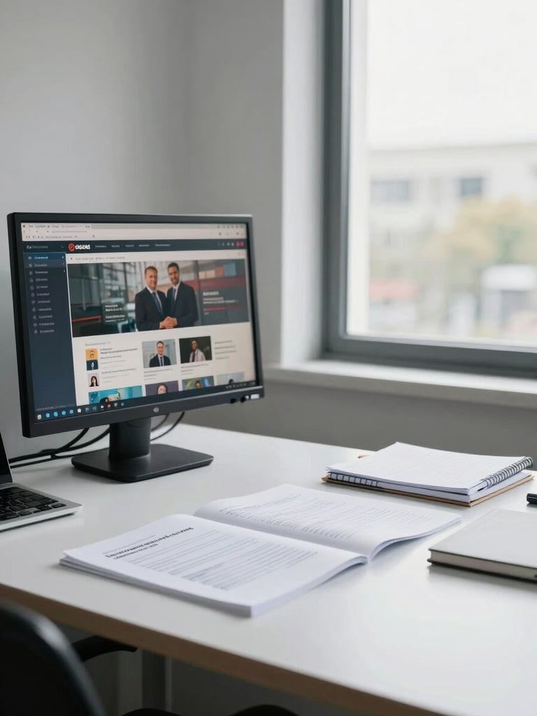 Wide-angle view of a working office desk from the left edge, monitor displaying a campaign dashboard in the foreground, natural daylight from a large window at the right, printed briefs and notebooks spread on the surface, no people visible, clean and purposeful environment