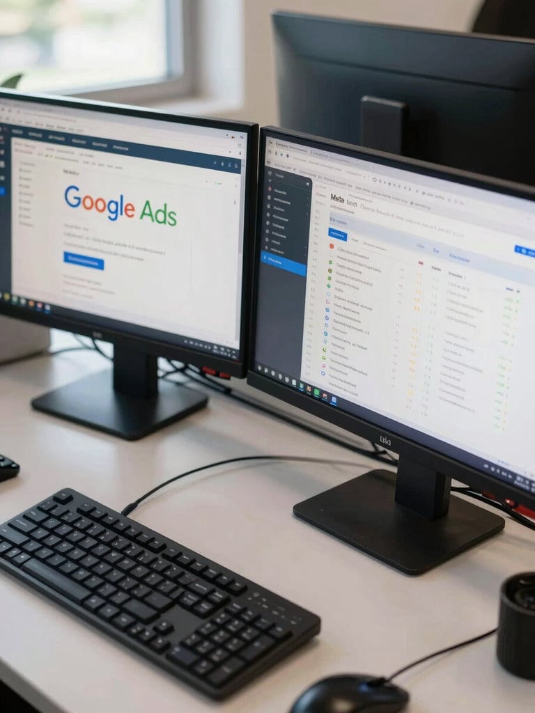 Close-up overhead of a dual-monitor workstation in a clean Brazilian agency office, screens showing Google Ads and Meta campaign dashboards with real performance data, natural daylight from a side window, keyboard and mouse in frame