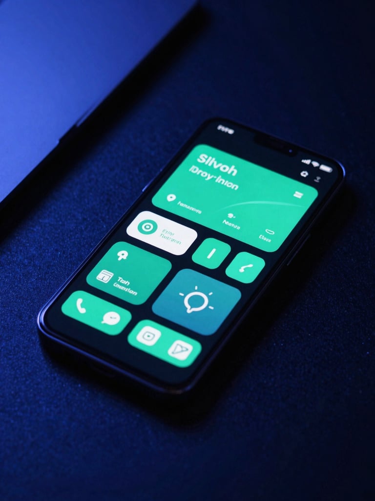 Close-up of a modern Android smartphone displaying a sleek dark-mode system utility interface with neon teal accents, resting on a dark slate desk under dramatic blue ambient lighting, 35mm photography