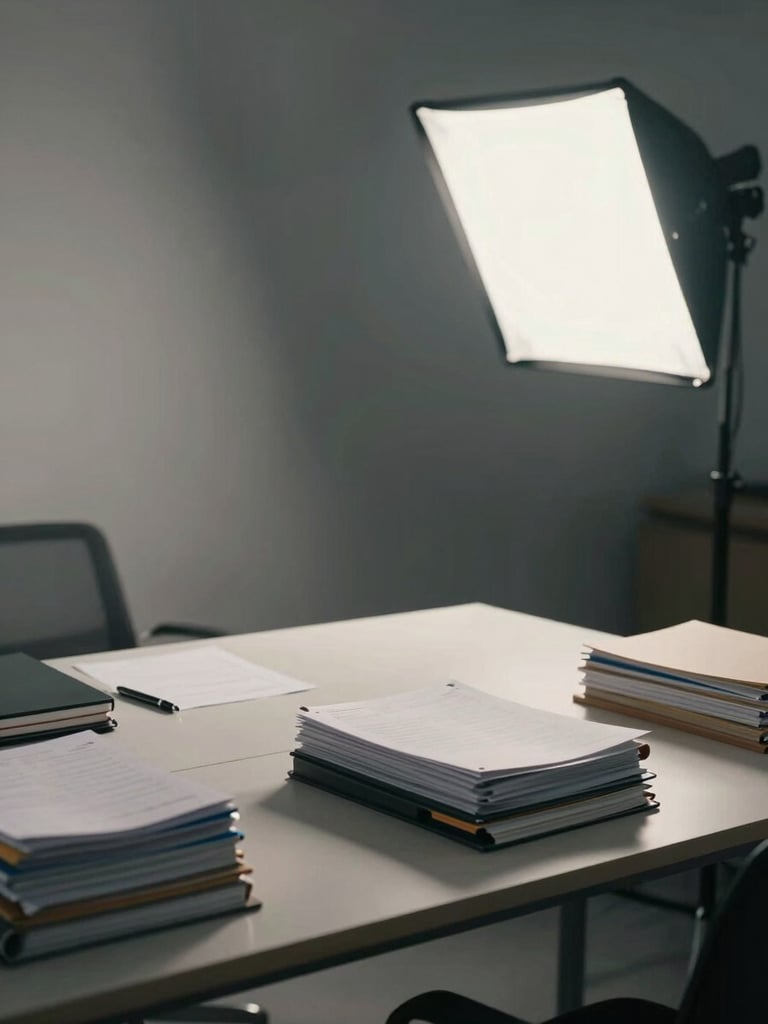 Wide shot of an organized office workspace, empty desk with neatly stacked folders and a single pen, studio strobe lighting from above-right creating precise shadows, cool neutral tones, no people present