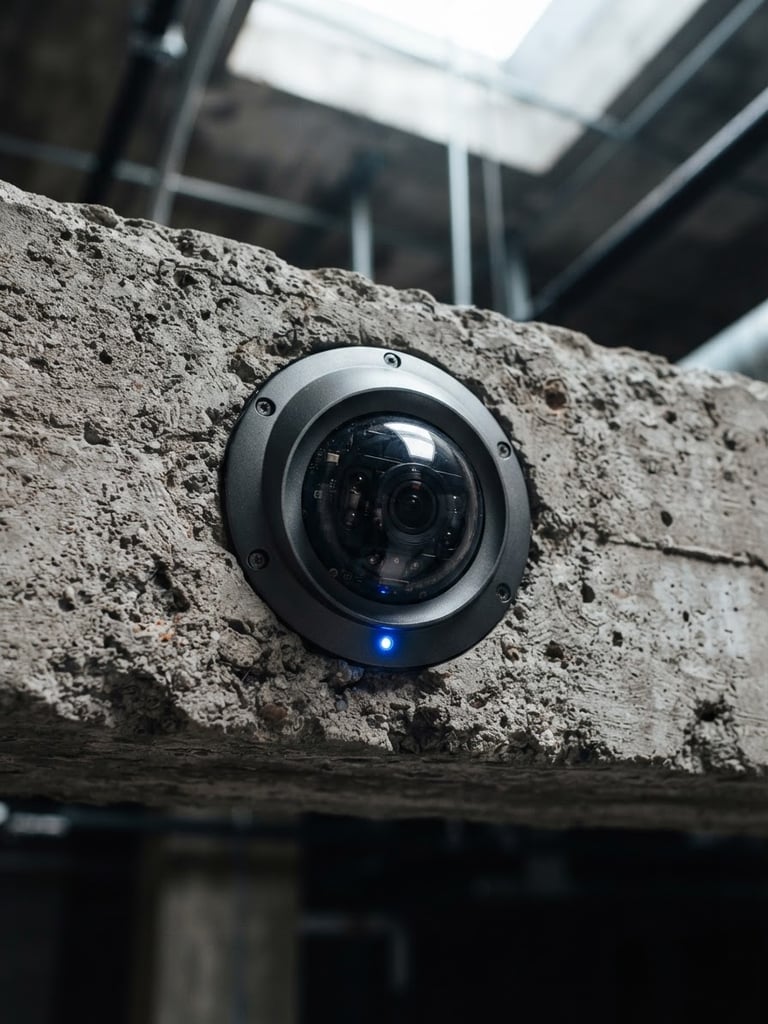 Macro shot of a high-definition dome security camera flush-mounted on a raw concrete beam, sharp architectural lighting, technical blue status light glowing, 35mm