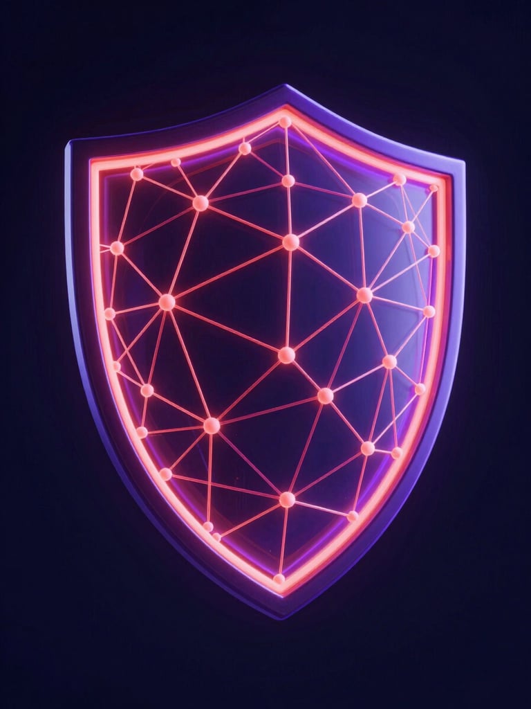Sleek 3D render of a glowing security shield constructed from digital network nodes, dark-field neon lighting in vibrant coral and violet, deep midnight navy background, ultra-sharp macro detail