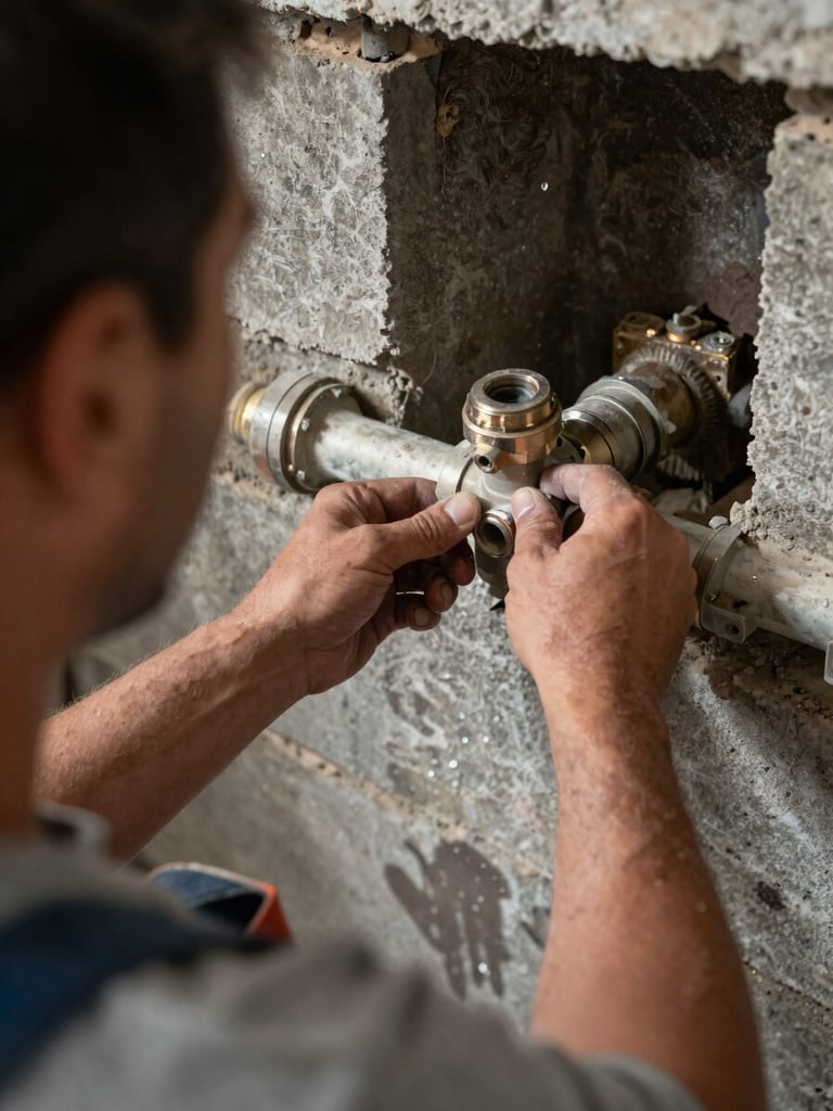 Close documentary shot from behind a plumber's shoulder inside a Southgate KY basement, hands tightening a pipe joint under task lighting, worn tool belt visible, concrete block wall in background, water stains on the floor showing a real job site
