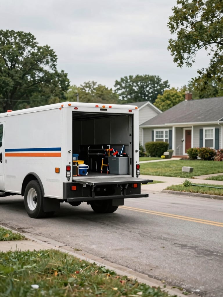 Wide environmental shot from the left edge — a plumbing service truck parked on a quiet Southgate Kentucky residential street, overcast daylight, tools visible in the open truck bed, no people, authentic neighborhood background