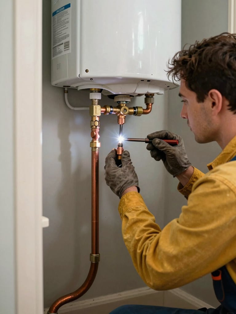 Plumber installing a new water heater in a tight utility closet, work clothes and task lighting, copper fittings being soldered, realistic residential setting in an older Kentucky home