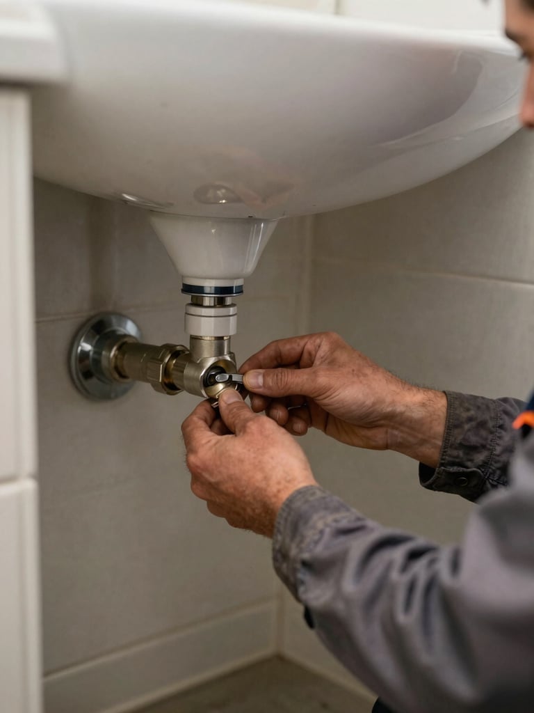 Close documentary shot from the right edge — a plumber in worn work clothes tightening a pipe fitting under a sink, task lighting illuminating hands and tools, realistic residential bathroom, no eye contact with camera