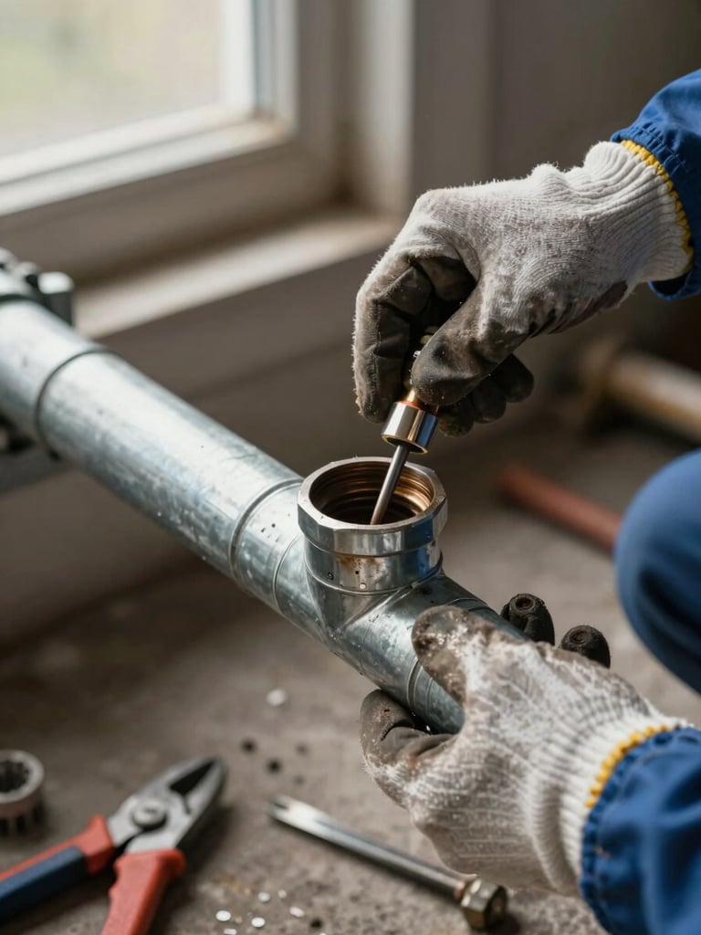 Close-up of corroded galvanized pipe joint being cut and replaced by a plumber's gloved hands in a Covington basement, daylight filtering through a small window, tools visible on the floor