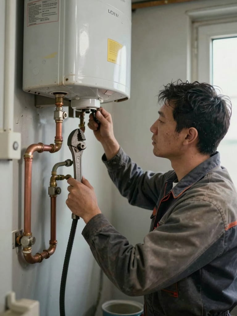 Plumber in worn work clothes replacing a water heater in a tight utility room, pipe wrench in hand, copper lines visible, window light cutting across the scene from the right, documentary framing