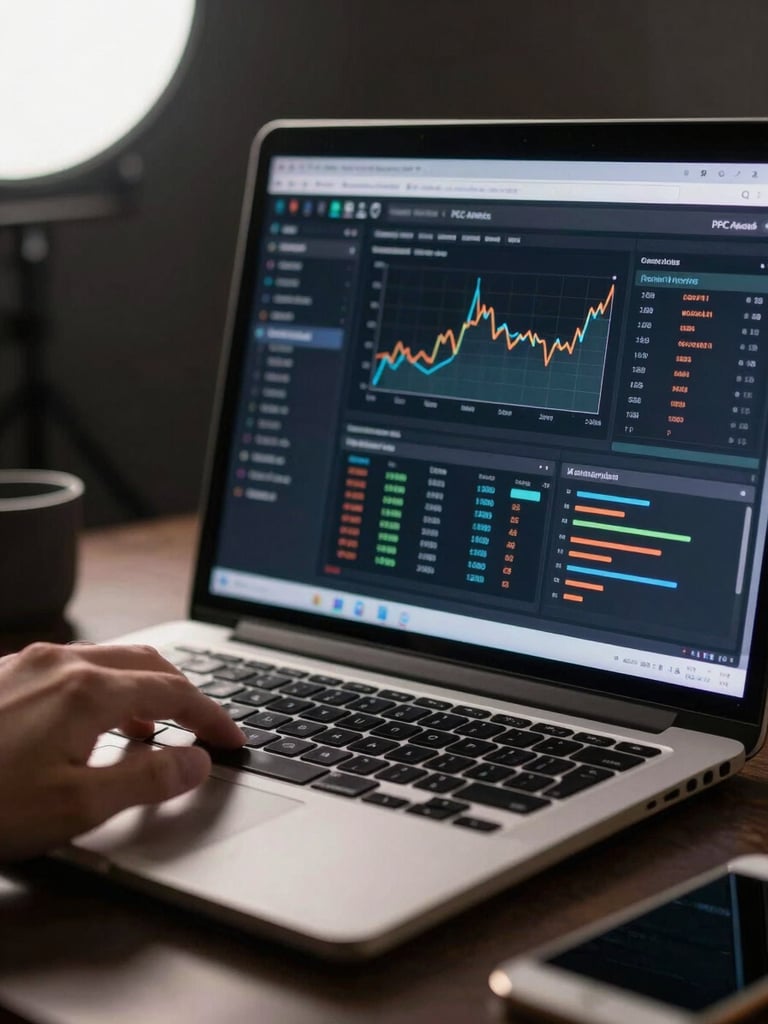 Tight close-up of a laptop screen displaying a live PPC analytics dashboard, campaign performance graphs visible, a hand hovering over the keyboard mid-adjustment, cool studio strobe lighting from the upper left, dark desk surface, shallow depth of field isolating the screen data