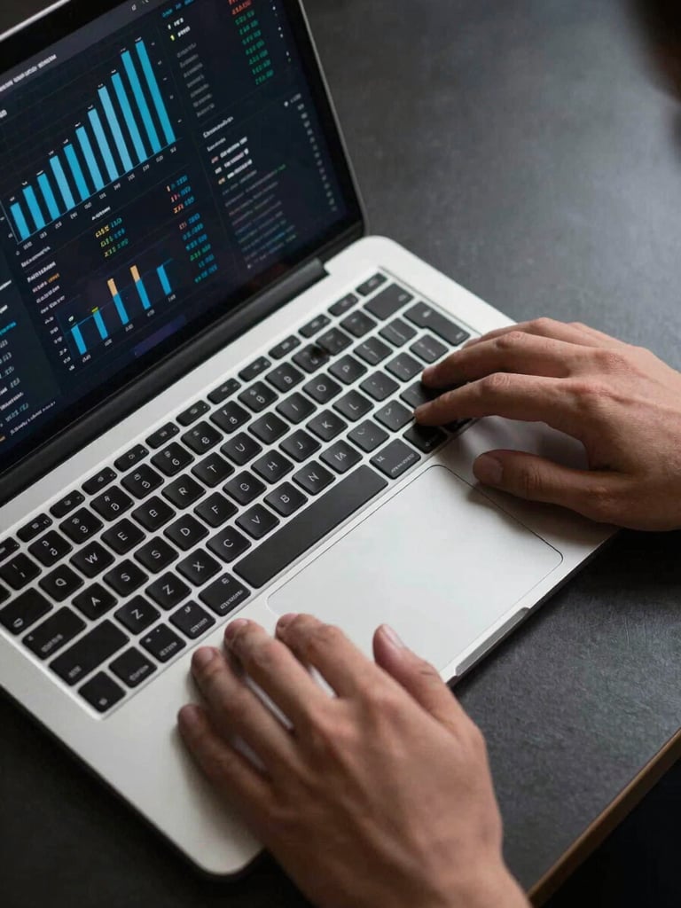 Tight overhead shot of a laptop keyboard and trackpad, a campaign performance dashboard visible on screen with blue bar charts and conversion-rate metrics, cool studio strobe lighting, hands resting near the keyboard mid-review, dark desk surface, crisp high-contrast detail