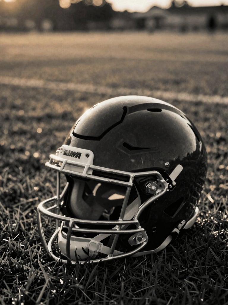 High-contrast black-and-white editorial photograph of a high school football helmet resting on grass, warm sunset light catching the silver metallic details, 35mm film style.