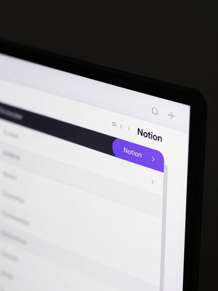 Macro close-up of a high-fidelity, custom-engineered Notion database interface on a screen, cool diffused studio light, subtle purple accent highlights, minimalist tech aesthetic