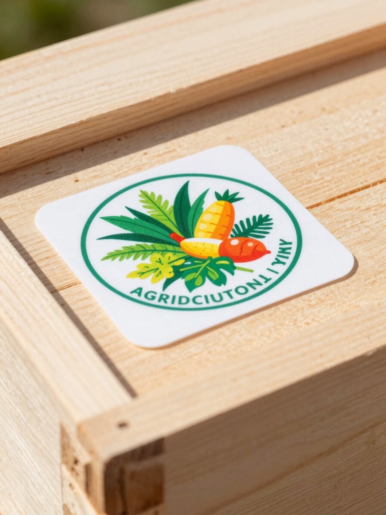 Close-up of a high-contrast official agricultural inspection stamp on a wooden shipping crate, bright natural daylight, sharp details.