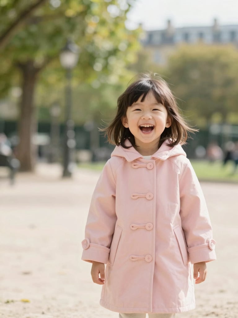 A joyful child in a beautifully tailored light pink coat laughing in a sunlit Parisian park, soft-focus background of green trees, warm natural light.