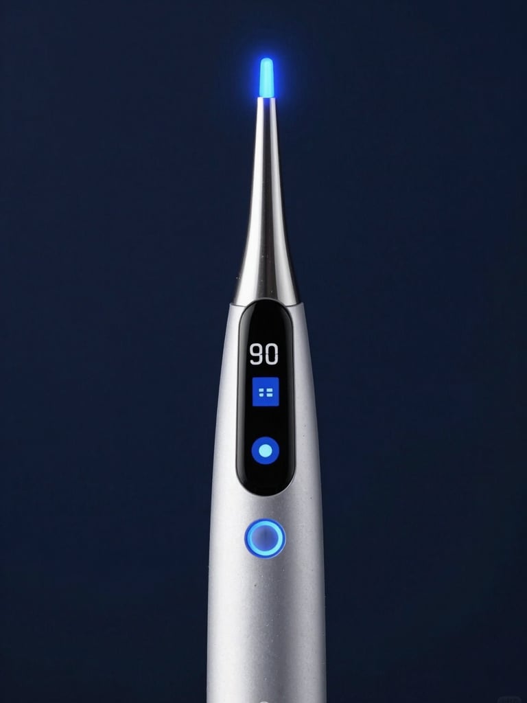 Sleek intraoral scanner tip glowing with sharp blue light, dark navy background, high-contrast digital medical photography, 50mm.
