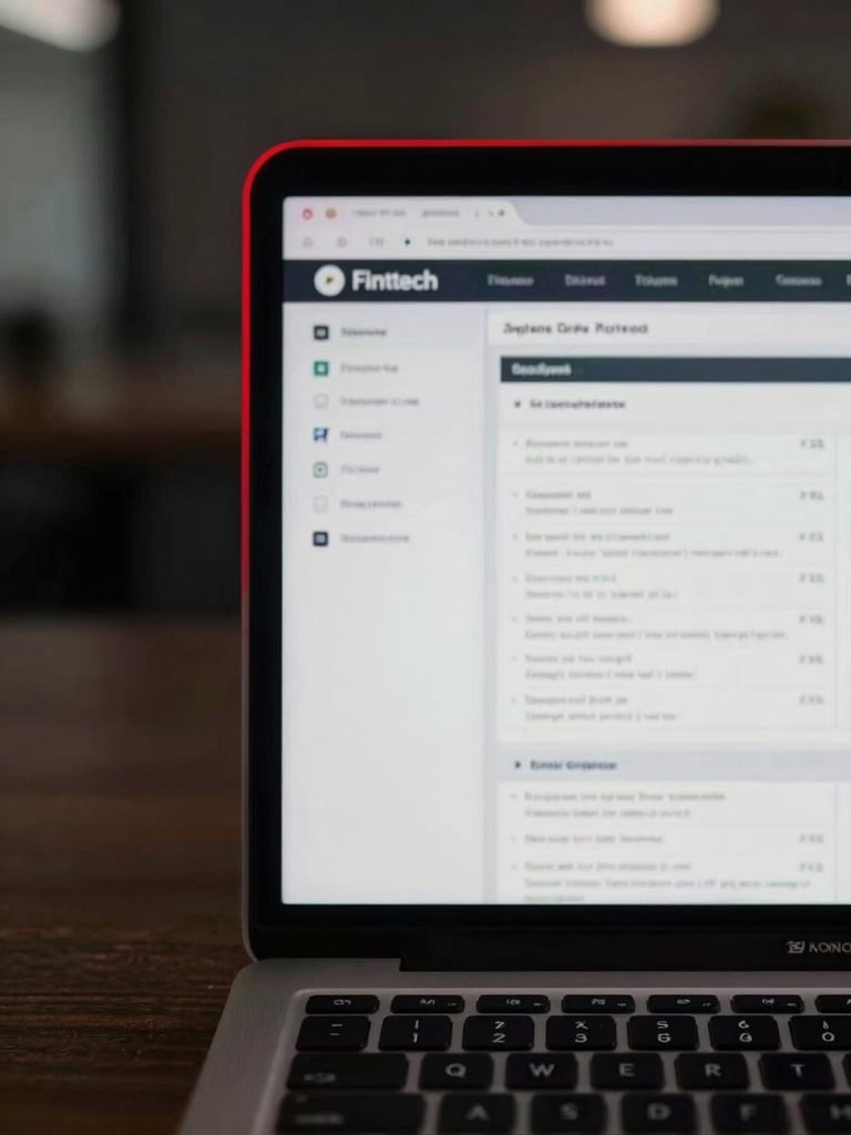Close-up of a laptop screen showing a professional fintech dashboard interface, deeply desaturated and low-contrast, with a vivid red rectangular border overlay on the screen edge, dim ambient office lighting, left-aligned framing with generous negative space to the right