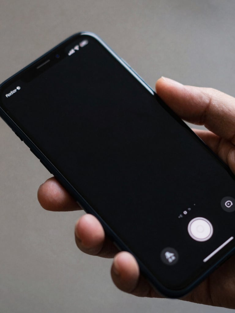 Macro shot of a modern flagship Android phone displaying a dark, high-contrast interface, soft screen glow illuminating a hand, shallow depth of field.
