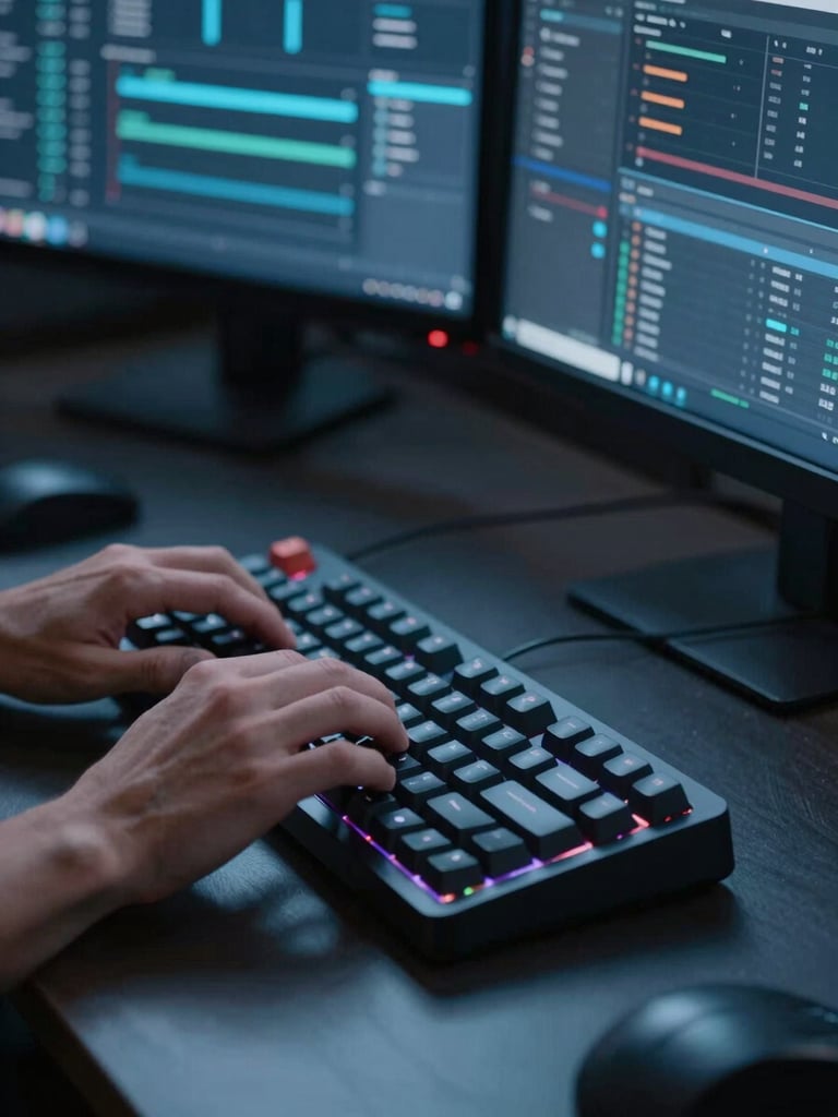 Extreme close-up of a designer's hands on a mechanical keyboard in a dark modern workspace, dual monitors glowing with analytics dashboards and Figma UI, cool blue studio light raking across the desk surface, crisp and cinematic
