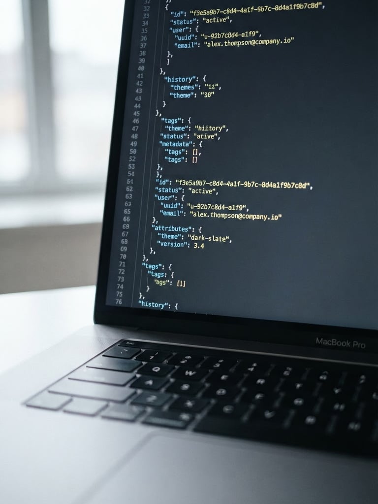 Macro close-up of a clean code editor with structured JSON data, sharp focus, cool natural daylight casting subtle shadows, 35mm lens