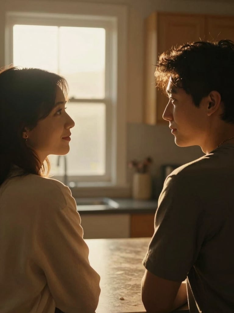 Two people in close conversation at a kitchen table, shoulders visible, faces turned toward each other in calm attention, warm golden-hour light through a window behind them, no smiling at camera, documentary feel