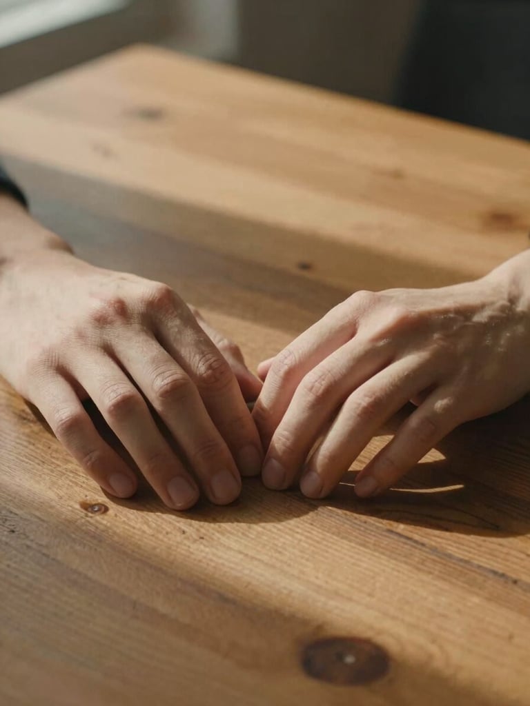 Close-up of two hands resting side by side on a worn wooden table, fingers nearly touching, warm northern daylight through a window casting soft amber shadows, no faces visible