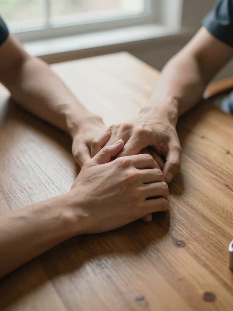 Close-up of two pairs of hands resting on a wooden table, forearms almost touching, warm northern daylight from a nearby window, soft shadows, no faces visible, intimate and still