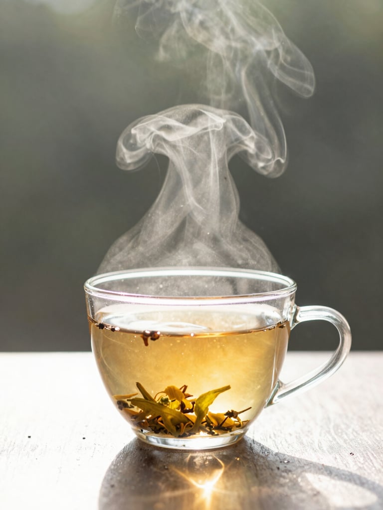 Wide dreamy environmental shot of a glass cup of herbal tea releasing steam, backlit by soft morning sun, lens flares, shallow depth of field.