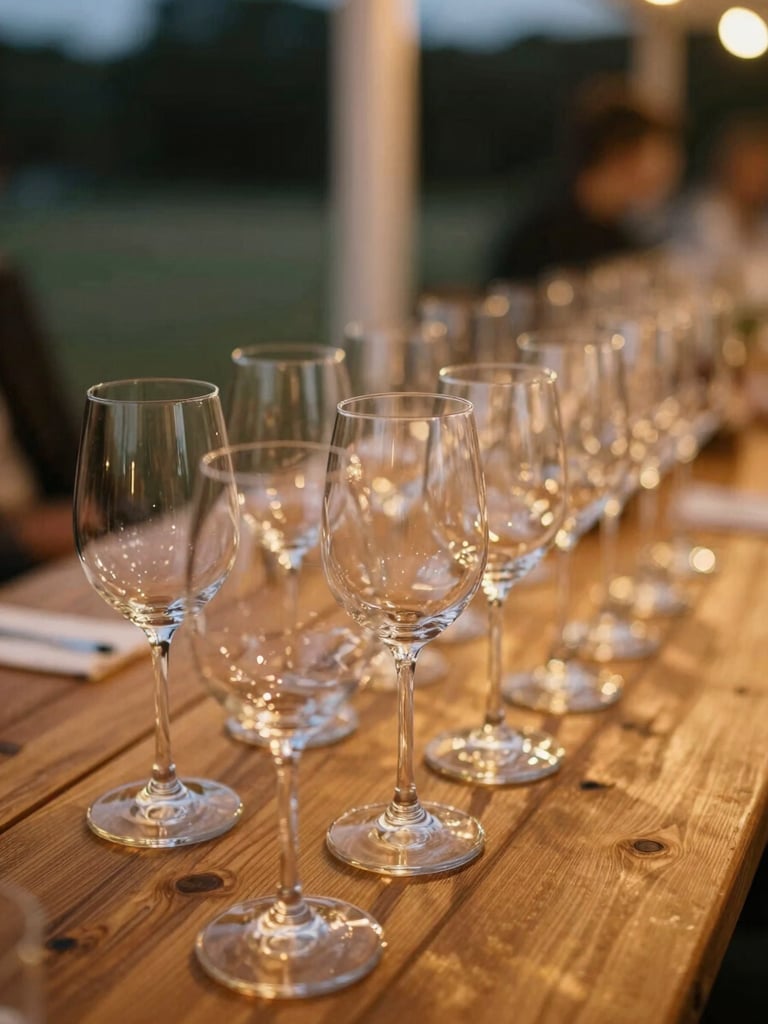 Warm ambient shot of wine glasses lined up on a wooden table at an outdoor evening event, soft golden lighting, shallow depth of field, 35mm